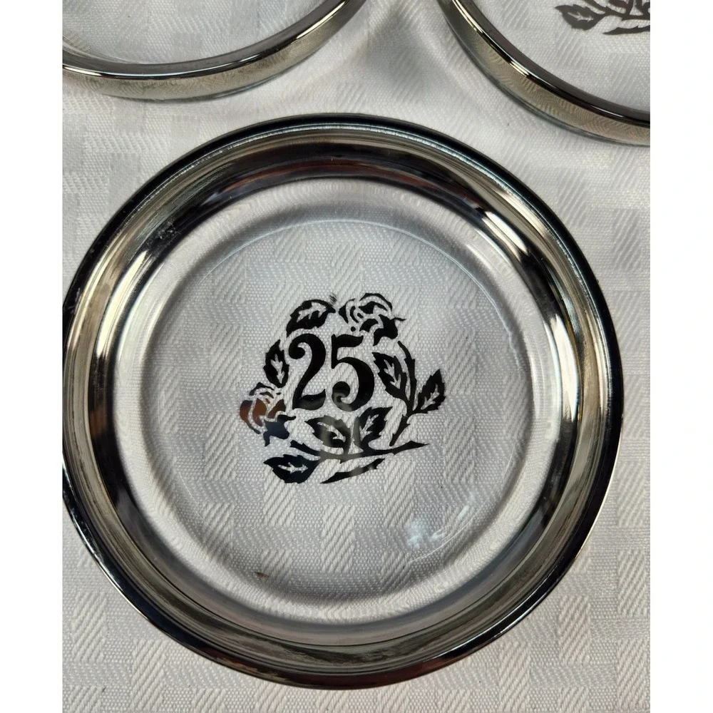Vtg Set of 7  25th Anniversary Coasters Clear Glass w Platinum / Silver Edging